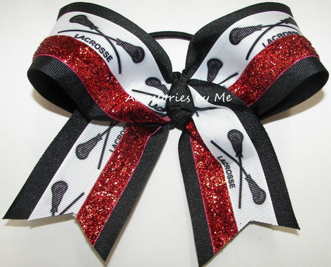 Lacrosse Black Red Glitter Hair Bow