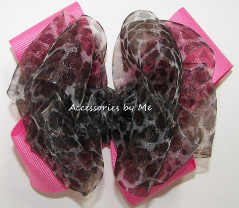 Leopard Organza Hot Pink Hair Bow