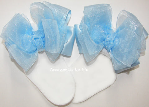 Light Powder Blue Organza Satin Bow Socks