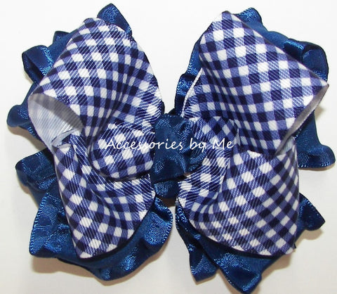 Navy Blue Plaid Ruffle Hair Bow