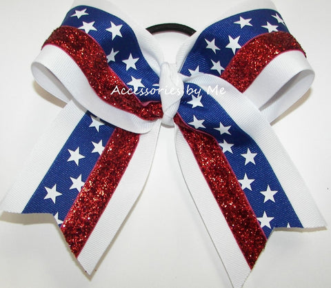 Glitter Patriotic Red White Blue Cheer Bow