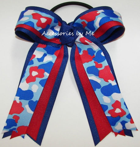 Camouflage Red White Blue Ponytail Bow