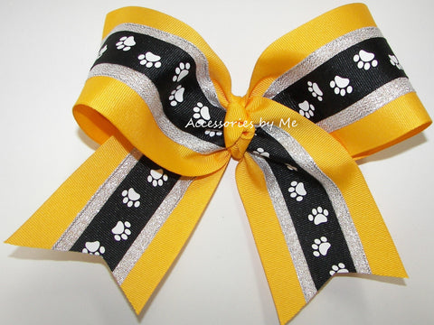 Paw Print Black Silver Gold Cheer Bow