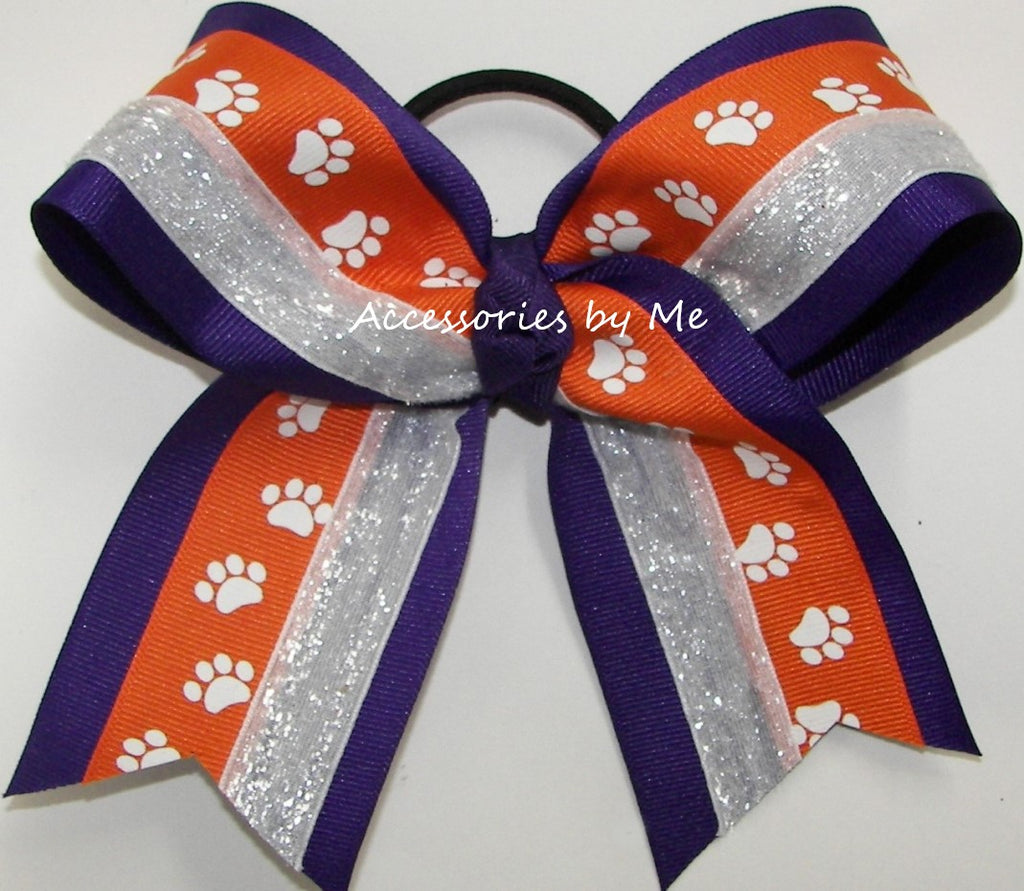 Paw Print Orange Purple White Glitter Hair Bow