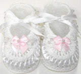 White Pearl Satin Trim Handknit Booties with a Light Pink Satin Pearl Applique