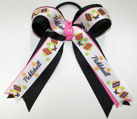 Pickleball Hot Pink Black Ponytail Bow