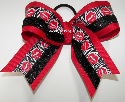 Lips Red Black Glitter Cheer Bow
