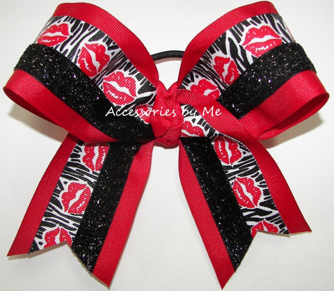 Lips Red Black Glitter Cheer Bow