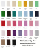 Color swatch chart with various color names and codes, branded 'Accessories by Me'.