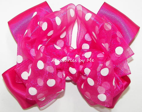 Shocking Pink Polka Dot Organza Satin Hair Bow