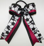 Soccer Ball Ribbon Print Azalea Black Glitter Ponytail Bow