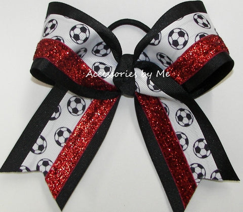 Soccer Black Red Glitter Hair Bow