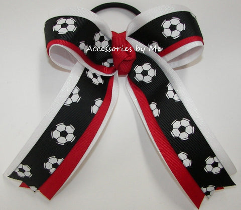 Soccer Black Red White Ponytail Bow