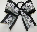 Soccer Black Silver Glitter Hair Bow