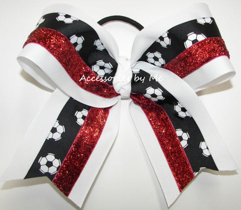 Soccer Black White Red Glitter Cheer Bow