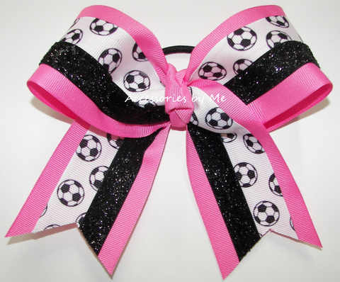 Soccer Hot Pink Black Glitter Hair Bow