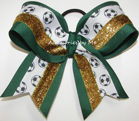 Soccer Forest Green Gold Glitter Cheer Bow