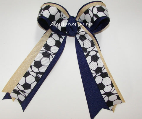 Soccer Gold Glitter Light Navy Ponytail Bow