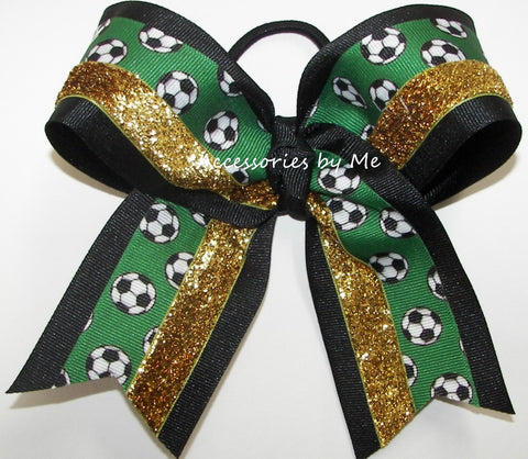 Soccer Green Black Gold Glitter Cheer Bow