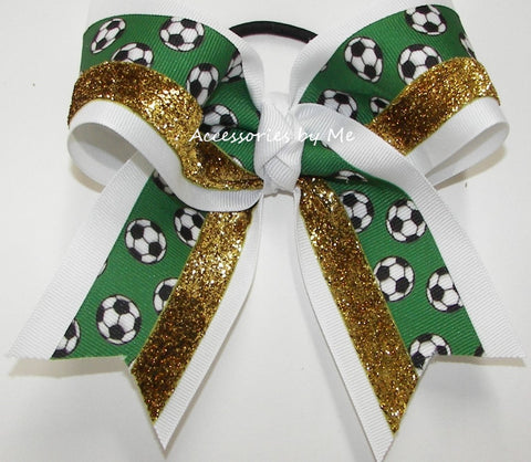 Soccer Green White Gold Glitter Hair Bow