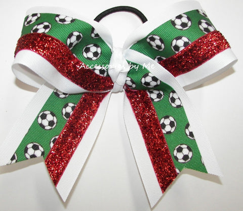Soccer Green White Red Glitter Hair Bow