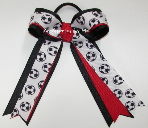 Soccer Red Black Ponytail Bow