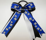 Soccer Blue White Ponytail Holder Bow