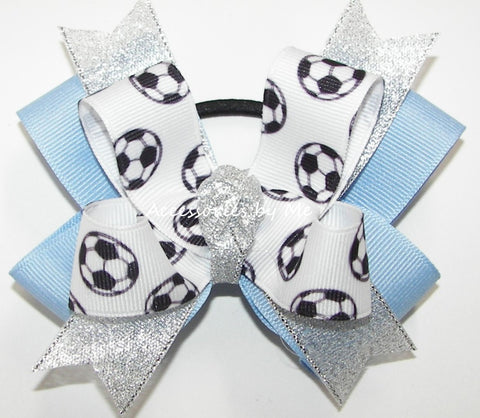Soccer Silver Blue Ponytail Bow