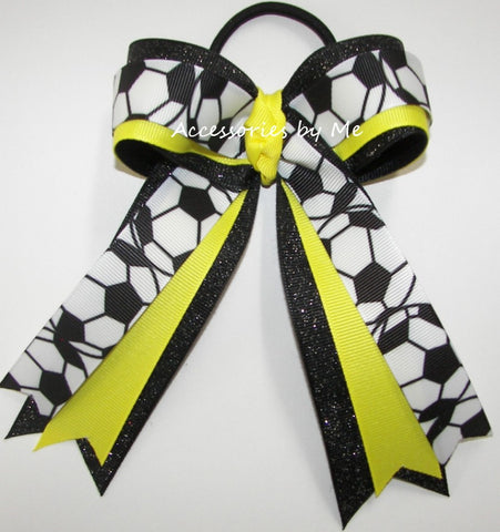 Soccer Sunshine Black Glitter Ponytail Bow