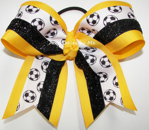 Soccer Yellow Gold Black Glitter Hair Bow