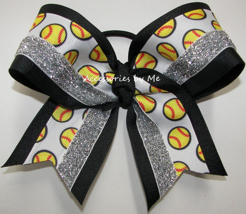 Softball Black Silver Glitter Hair Bow