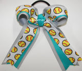 Glitter Softball Blue Lagoon Gray Ponytail Bow