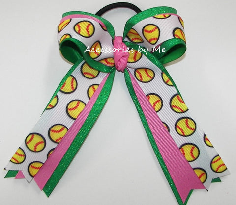 Softball Hot Pink Emerald Green Glitter Ponytail Bow