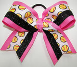Softball Print Ribbon Solid Hot Pink Grosgrain and Black Glitter Ribbon Trim Hair Bow