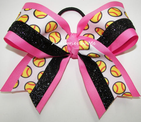 Softball Hot Pink Black Glitter Hair Bow