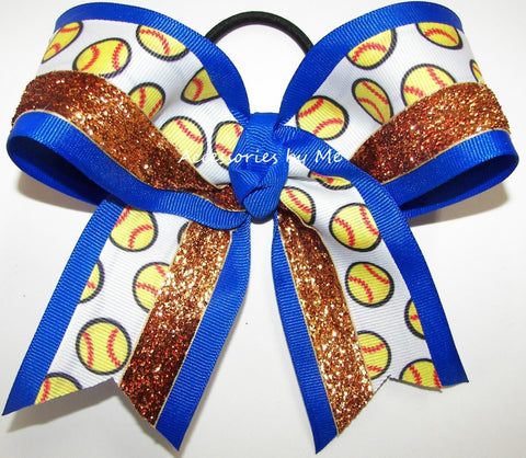 Softball Electric Blue Orange Glitter Hair Bow
