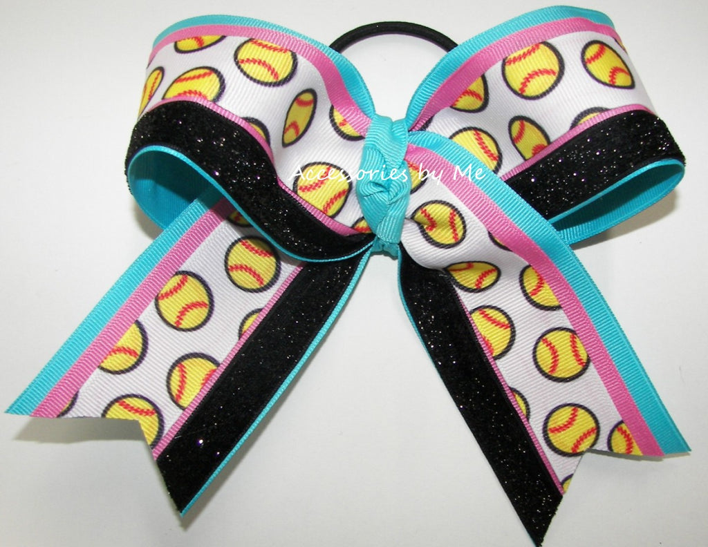 Softball Turquoise Hot Pink Black Glitter Bow