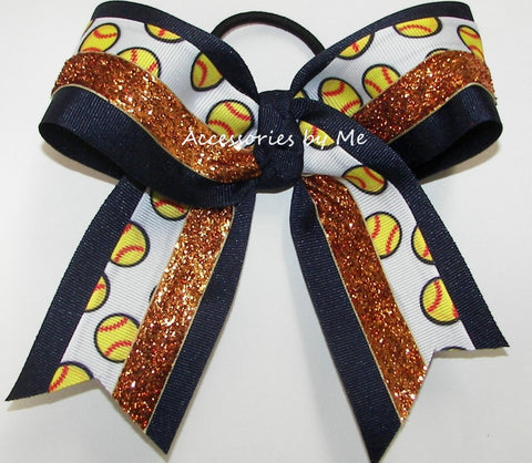 Softball Navy Orange Glitter Hair Bow