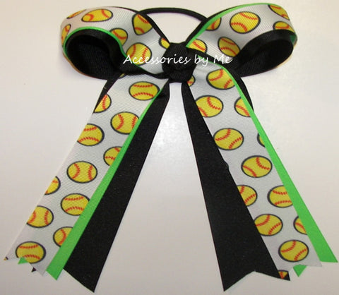 Softball Neon Green Black Ponytail Holder Bow