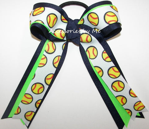 Softball Neon Green Navy Ponytail Holder Bow