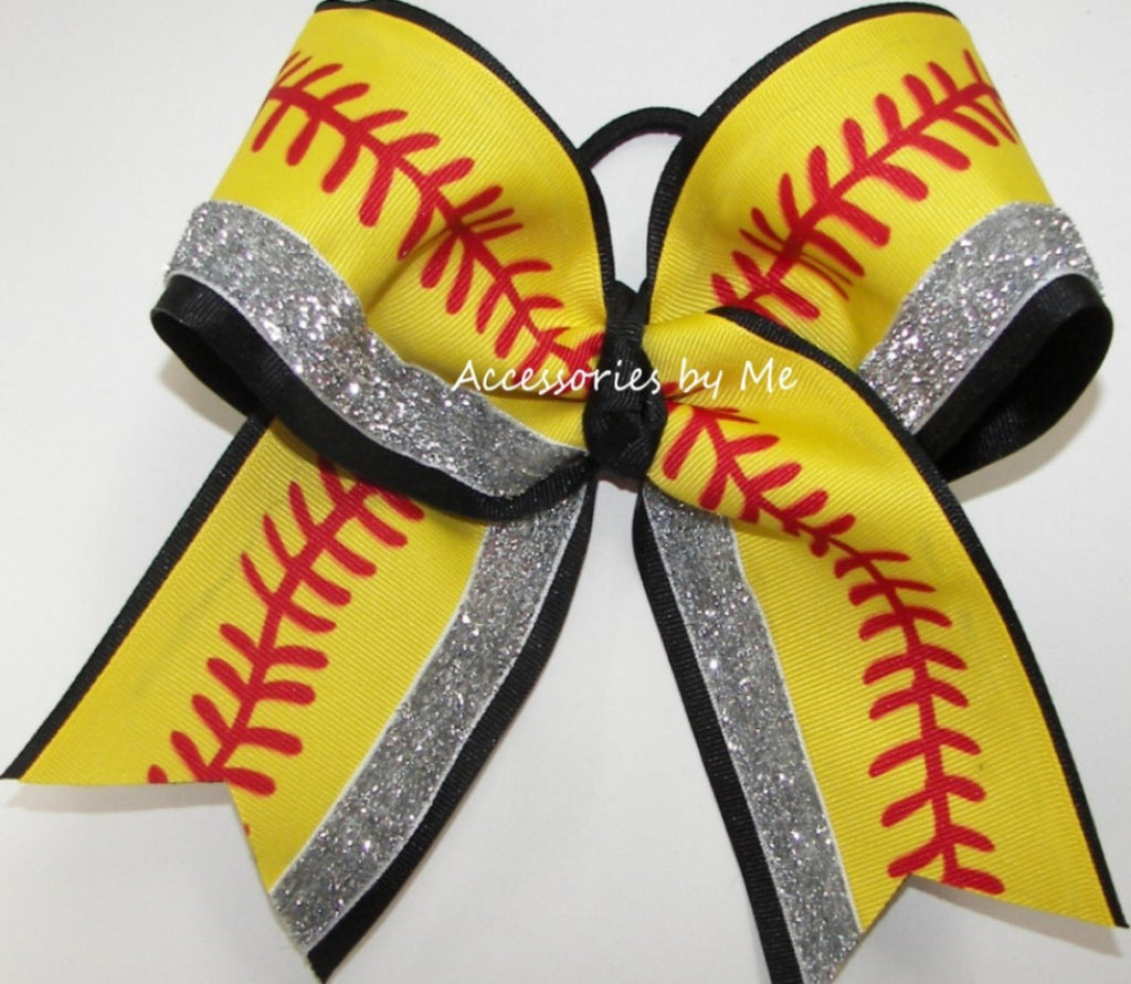 Softball Yellow Red Laces Hair Bow