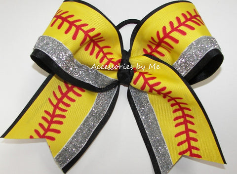 Softball Yellow Red Laces Hair Bow
