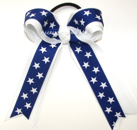 Glitter Patriotic Stars Blue White Ponytail Bow