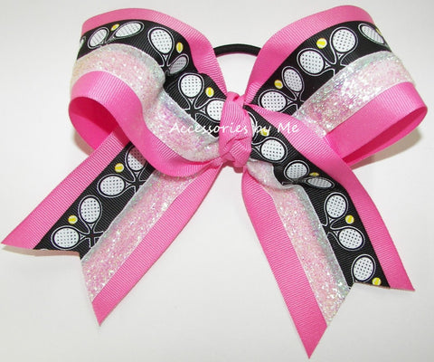 Tennis Black Hot Pink Glitter Cheer Bow