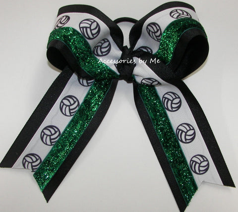 Glitter Volleyball Black Green Long Tails Hair Bow