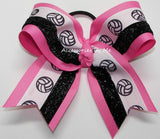 Volleyball Bubblegum Pink Black Glitter Hair Bow