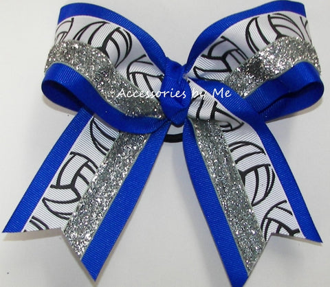 Glitter Volleyball Electric Blue Silver Hair Bow