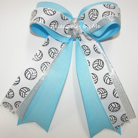 Glitter Volleyball White Blue Ponytail Bow