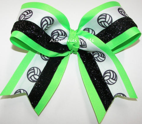 Volleyball Neon Green Black Glitter Hair Bow