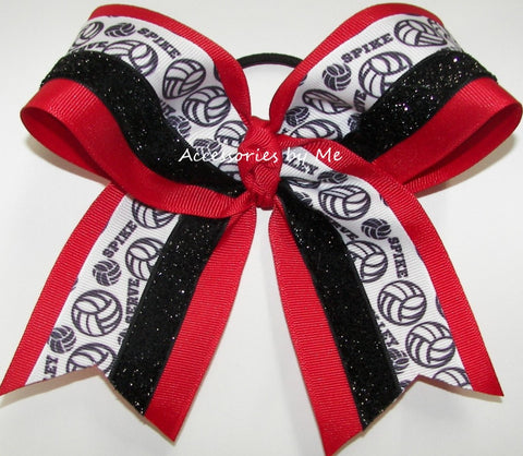 Glitter Volleyball Red Black Hair Bow